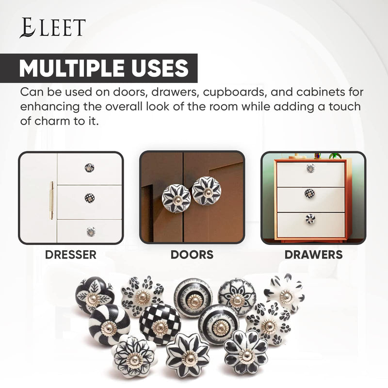Eleet Designer Ceramic Cabinet Knobs - Pack of 12 Black & White Hand Painted Vintage Cabinet Cupboard Door & Drawer Pulls Chrome Hardware (12, Black &White) Ceramic Knobs Set of 12 - NewNest Australia
