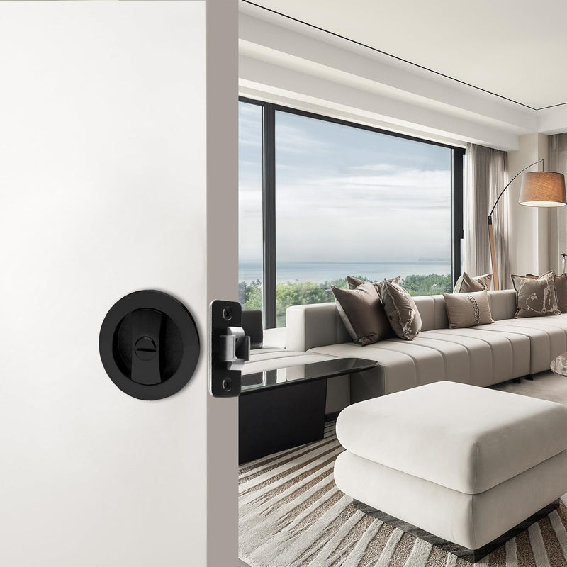 Pocket Door Lock, Matte Black Pocket Door Hardware Round Door Lock, Privacy Sliding Bifold Door Locks for Bathroom Bedroom Round/ Privacy (rotary knob)