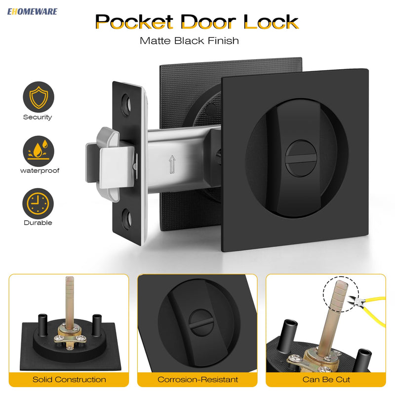 EHOMEWARE 1 Pack Black Pocket Door Hardware, Keyless Pocket Door Handles Interior, Privacy Pocket Door Lock for Bed/Bath, Modern Recessed Sliding Door Lock, Left/Right Reversible Privacy Door Lock-1 Pack Matte Black
