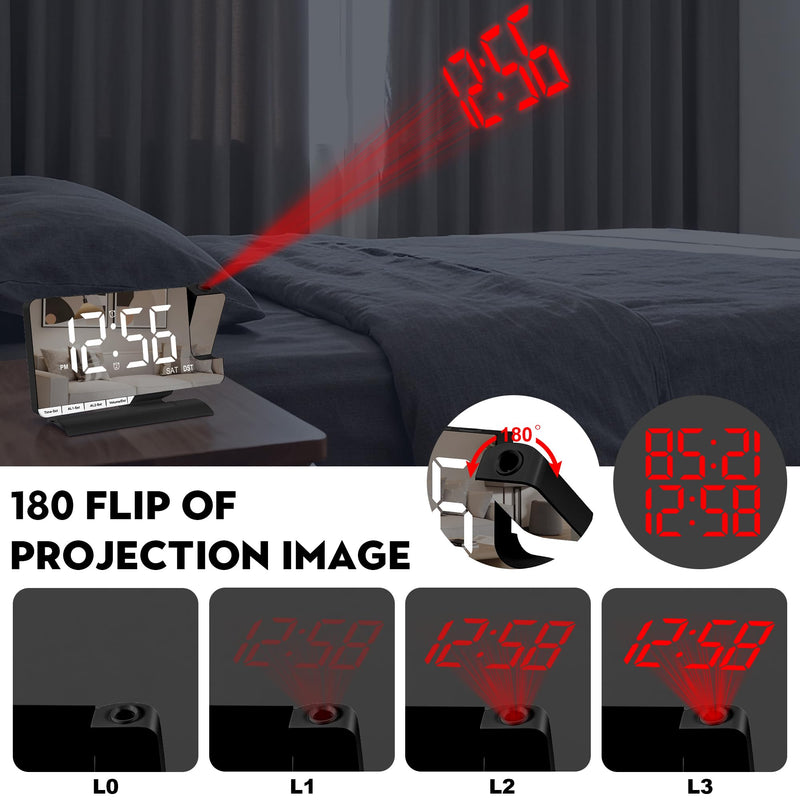 SZELAM Digital Clock,Alarm Clock Bedside with Projection,7.3" Mirror Clock with 180°Rotating Projector,Dual Alarm with 3 Mode,Brightnee Adjust,DST,Snooze,Charging Port,5 Levels Volume for Desk Teens Black