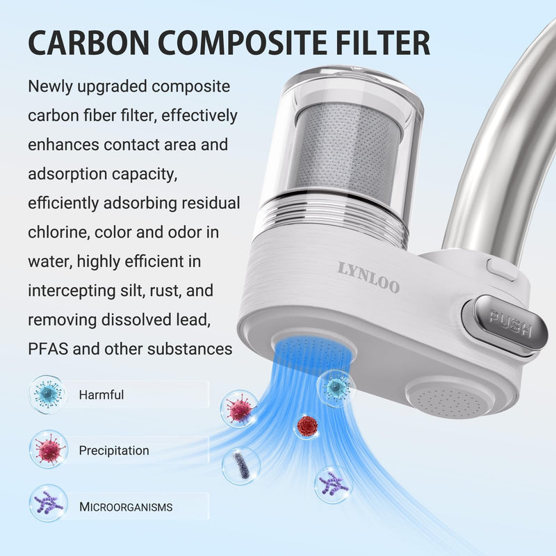 Faucet Filter, Push Button, Dual Spray Modes, Mechanical Switch Button - 350 Gallons Water Purifier for Sink, NSF Certified Reduces Chlorine & Bad Taste with 1 Replacement