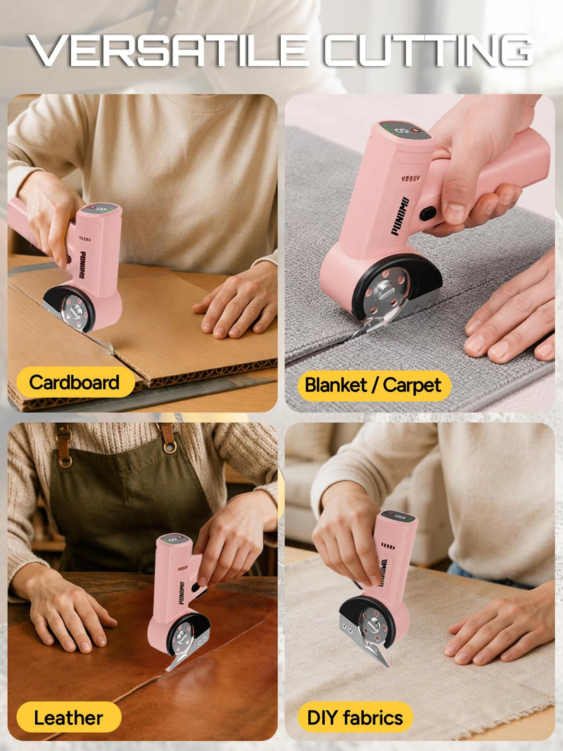 Rechargeable Cordless Electric Scissors Led Display: Electric Cardboard Box Cutter with 3 Safety Blades & Storage Pouch 5-Speed Settings - Cuts Cardboard, Leather, Fabric, and Plastic Pink