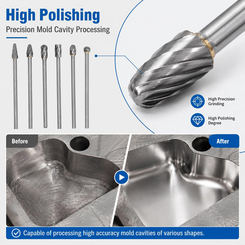 Cylinder Head Porting Kit, Tungsten Steel Carbide Burr Set for Die Grinder, Rotary Burr Bits for Grinding, Polishing and Shaping Cast Iron, Carbon Steel, Metal