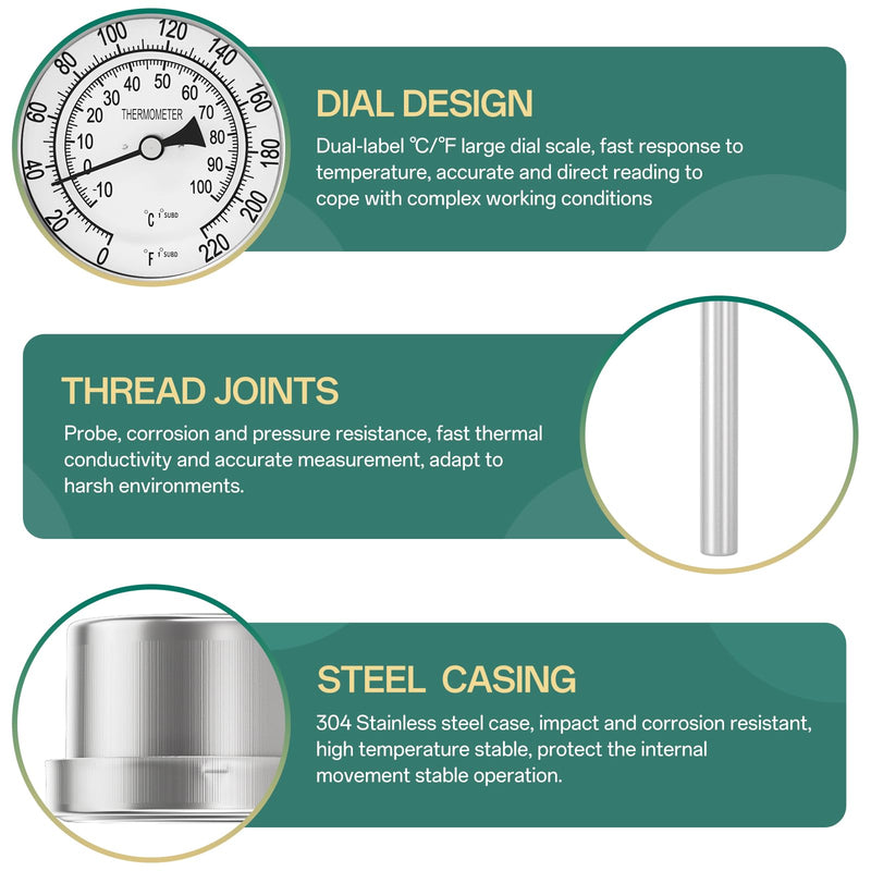 1/2" NPT Bimetal Thermometer, 0-220°F/-10-100°C, 3.2" Dial, 4.4" Stainless Steel Stem, Lower Mount, for Water, Oil, Steam, Boilers, Pipes 3.2" Dial, 4.4" Stem (0-220°F/-10-100°C)
