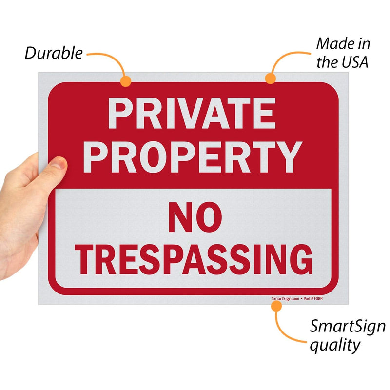 SmartSign Private Property No Trespassing Sign, 9" x 12" Polystyrene Plastic (Pack of 5) Screen Printed, 10 mil Polystyrene Plastic, Red and White, Made in USA Pack of 5