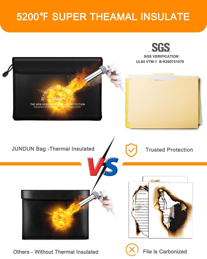 JUNDUN Fireproof Document Bag with 5200℉ Heat Insulated,14.0”x10.4” Waterproof and Fireproof Money Bag,8 Layers Thickened Fire Safe Storage Bag Pouch with Zipper for Document,Money,Black and Large Black