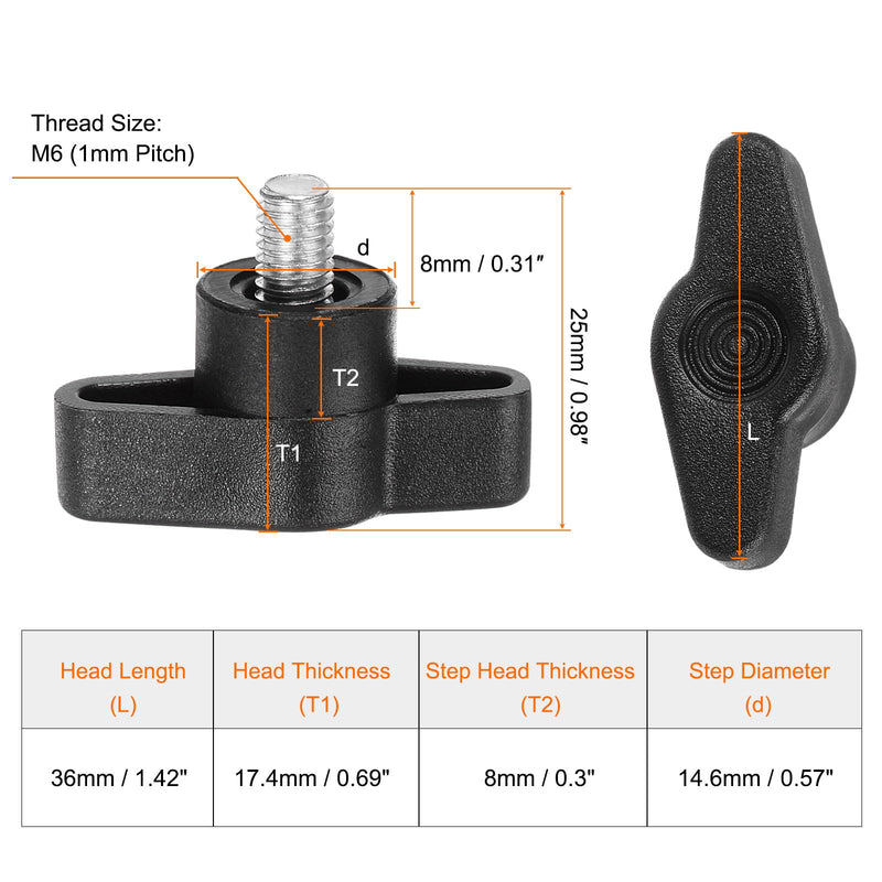 HARFINGTON 20pcs Wing Knobs M6 x 8mm Male Thread Plastic Tee Stud Knobs T Threaded Handles Hand Clamping Tightening Thumb Screws Thumbscrew, Black