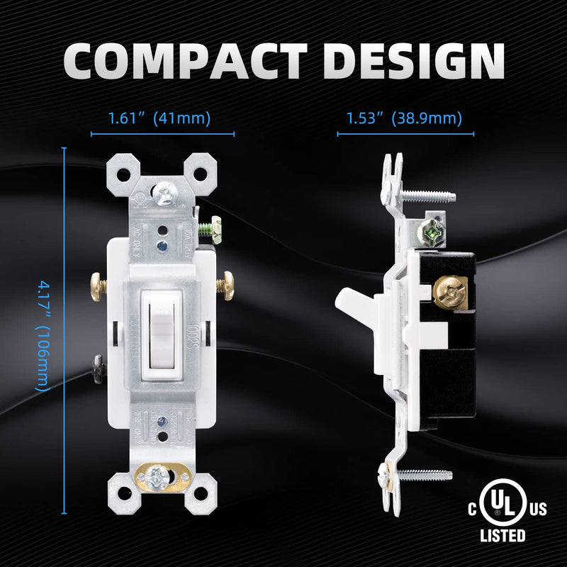 ELEGRP 3 Way Toggle Light Switch, 15 Amp, 120 V, Toggle Framed AC Quiet Switch, in Wall On/Off Switch Replacement, Self-Grounding, Residential and Commercial Grade, UL Listed (10 Pack, Glossy White) Without Wall Plate 10