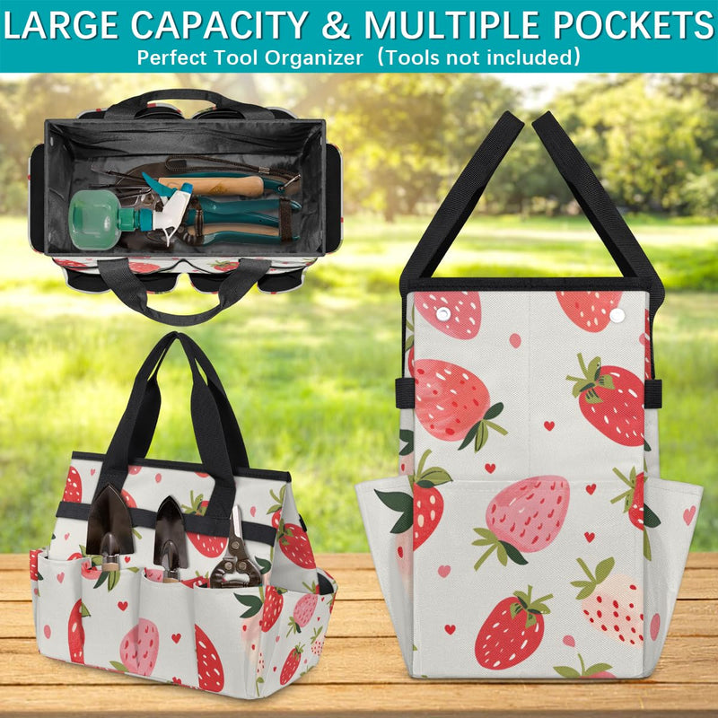 Strawberries Gardening Tool Bag,Heavy Duty Garden Tote Bag,Portable Oxford Gardening Storage Basket Organizer Handbag with Pockets Handle,Hand Tools Gifts for Outdoor Garden Lawn Yard Strawberries