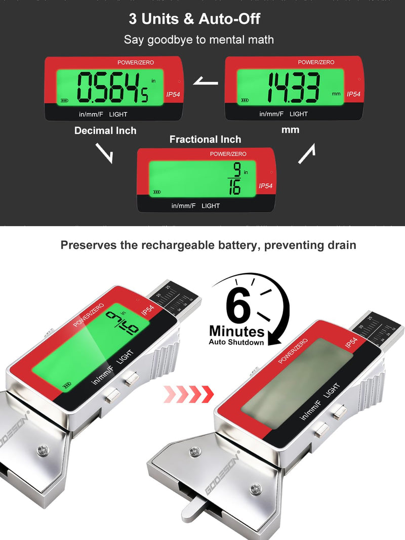 GODESON Tire Tread Depth Gauge,Rechargeable Digital Tire Depth Gauge - USB-C,3-Unit Switch (mm/Decimal/Fraction Inch), Backlit LCD Display, Auto Power Off, 0-32NDS for Car/SUV/Truck Wear Measurement
