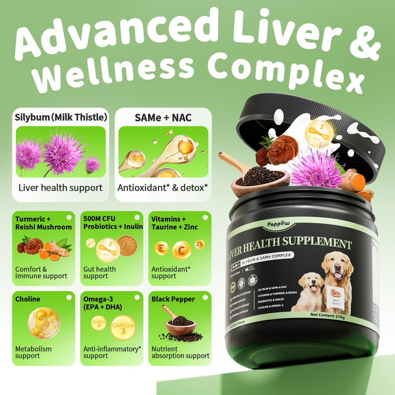 Dog Liver Support Chews - with Milk Thistle (Silybum), Same & NAC - Liver Supplement for Metabolic - Detox - Gut & Immune Health - Beef Flavor, 90 Soft Chews Beef 90 CT