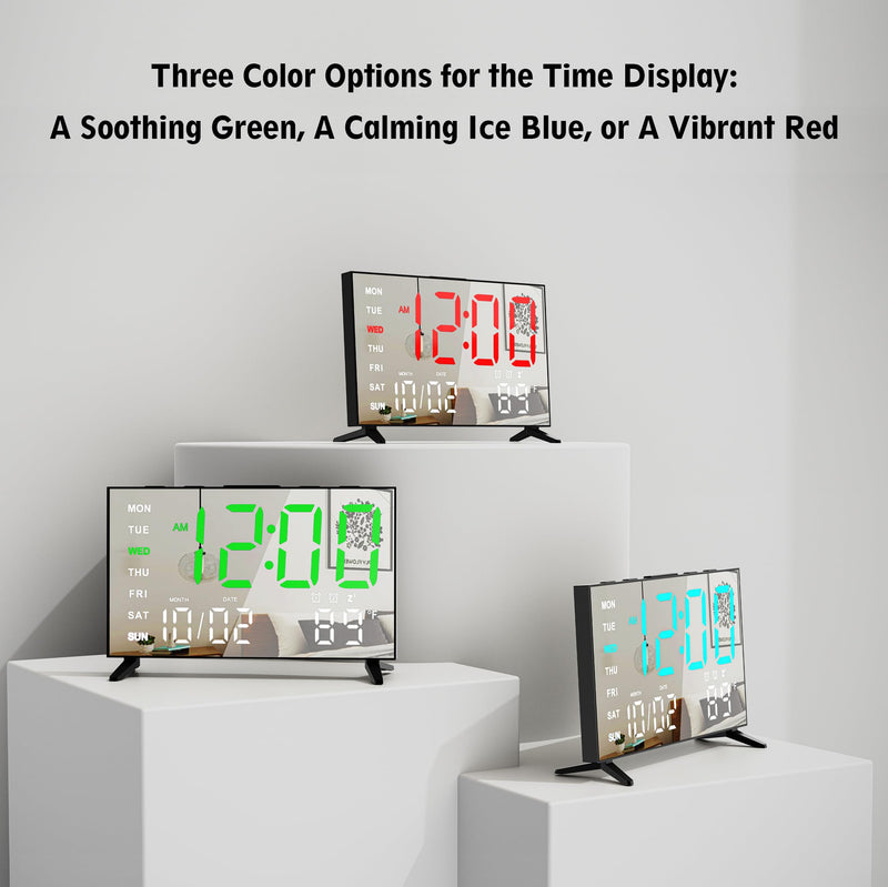 Mirror Digital Loud Alarm Clock with with Date,Indoor Temperature,USB Charging Port,Dimmer,Adjustable Volum,12/24H,Snooze,Dual Alarms (Weekday/Weekend),Perfect for Bedroom and Living Room Black+green Digit
