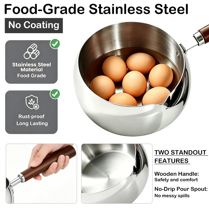40oz Stainless Steel Milk Butter Warmer Pot with Glass Lid, Saucepan with Pour Spout, Milk Pot with Silicone scraper for Melting Butter, Warming Sauces, Heating Milk 1.2 Quarts-with Lid