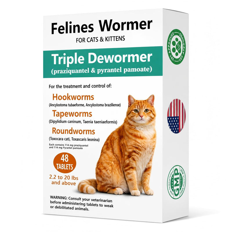 Cat Dewormer for Cats & Kittens –Broad Spectrum Triple Wormer Tablets with Praziquantel & Pyrantel Pamoate for Tapeworms, Roundworms & Hookworms, 48 Tablets