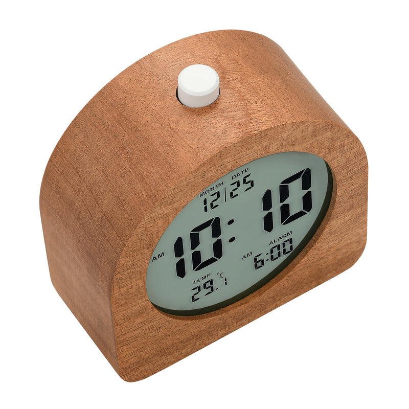 Plumeet Wooden Digital Alarm Clock for Bedrooms, Wood 4'' Battery Powered Alarm Clock with Snooze and Nightlight, Electronic LCD Desk Clock Display Time, Date, Temp, 12/24H, Wood Décor, Round, Sapele Semicircle 4.2''