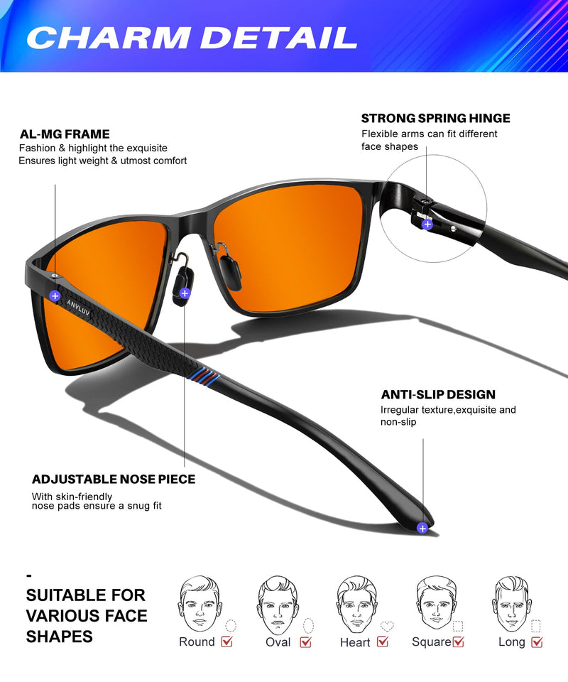 ANYLUV Blue Light Glasses Men, Relieve Eyestrain and Eye Protection, Al-Mg Metal Computer Blue Light Blocking Glasses (Max Protection) 01- Black Orange