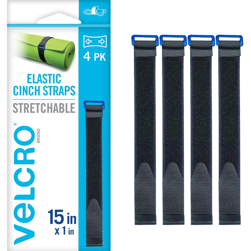 VELCRO Brand VEL-30792-AMS 15 Inch Elastic Straps 4 Pack | Stretchable and Adjustable for Snug Fit | Fasten Lumber, Yoga Mats, Tools, Camping Equipment, More | Cinch with Buckle, Black 15x1 4PK Medium 15"