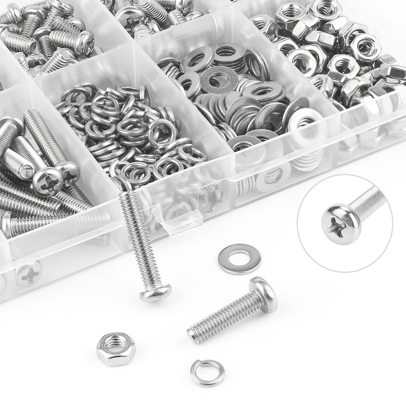 380 Pieces M4 x 5mm /6mm /8mm /10mm /12mm /16mm /20mm, Phillips Pan Head Machine Screws, Metric Screws Bolts Washers Nuts Kit, 304 Stainless Steel