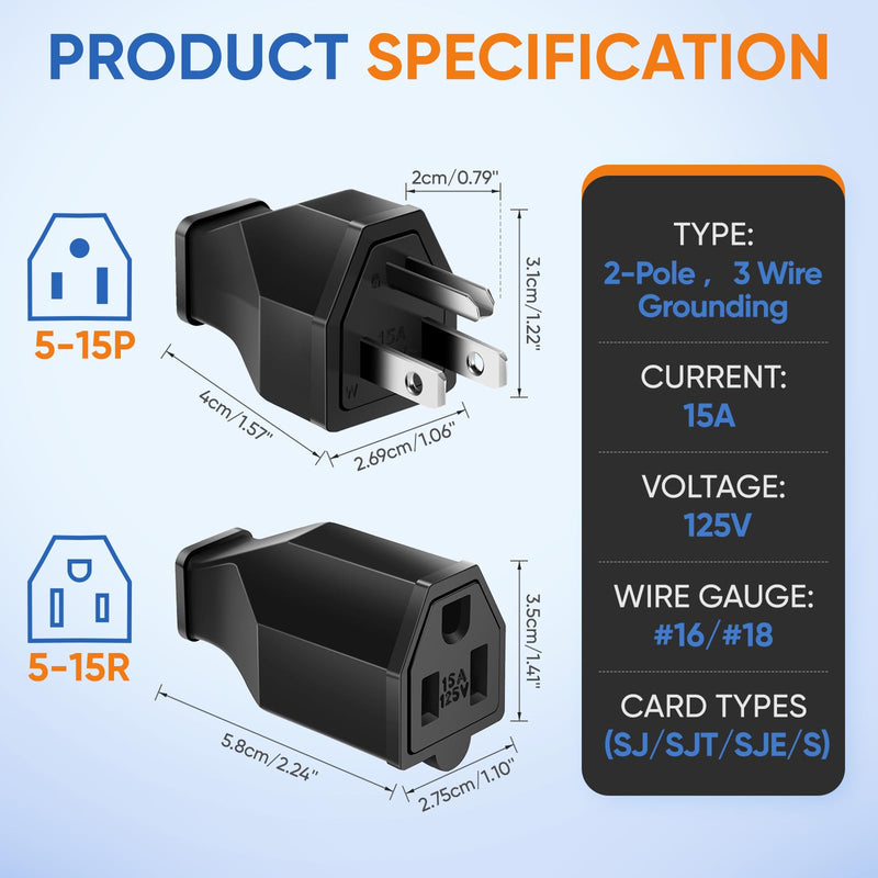 Extension Cord Repair Replacement Ends,Male and Female Electrical Plug Ends，Male Plug End Eeplacement 3 Prong,125V 15A 2Pole 3Wire Connector Straight Blade Plug (Male&Female,1 Set) Male and Female-1 Set