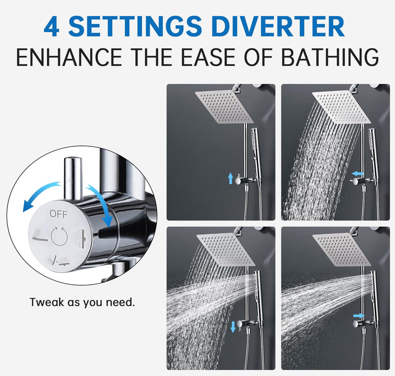 G-Promise All Metal Shower Diverter with Low Holder, Extended 13.5 Inch, 3-Way Diverter Valve with Pause Mode for Handheld and Fixed Shower Heads ∣ 4-Setting Replacement Part (Chrome) Chrome