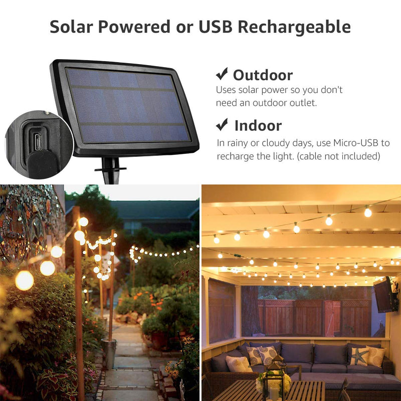Lepro Solar Outdoor String Lights Patio Bistro Lights, 25ft 26 LED G40 Bulbs, USB Rechargeable Portable Edison Café String Lights for Porch, Pergola, Backyard, Garden, Pool, Party, Camping, 3600mAh