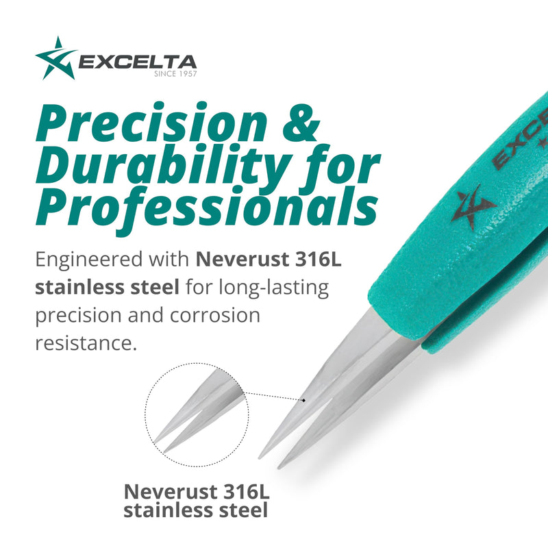 Excelta 00-SA-ET Stainless Steel Precision Tweezers, Straight Medium Point, Anti-Magnetic, ESD-Safe, Heat-Resistant, Anti-Static, Ergonomic, Professional-Grade for Lab, Electronics, Medical & Crafting 5" Straight Strong Point