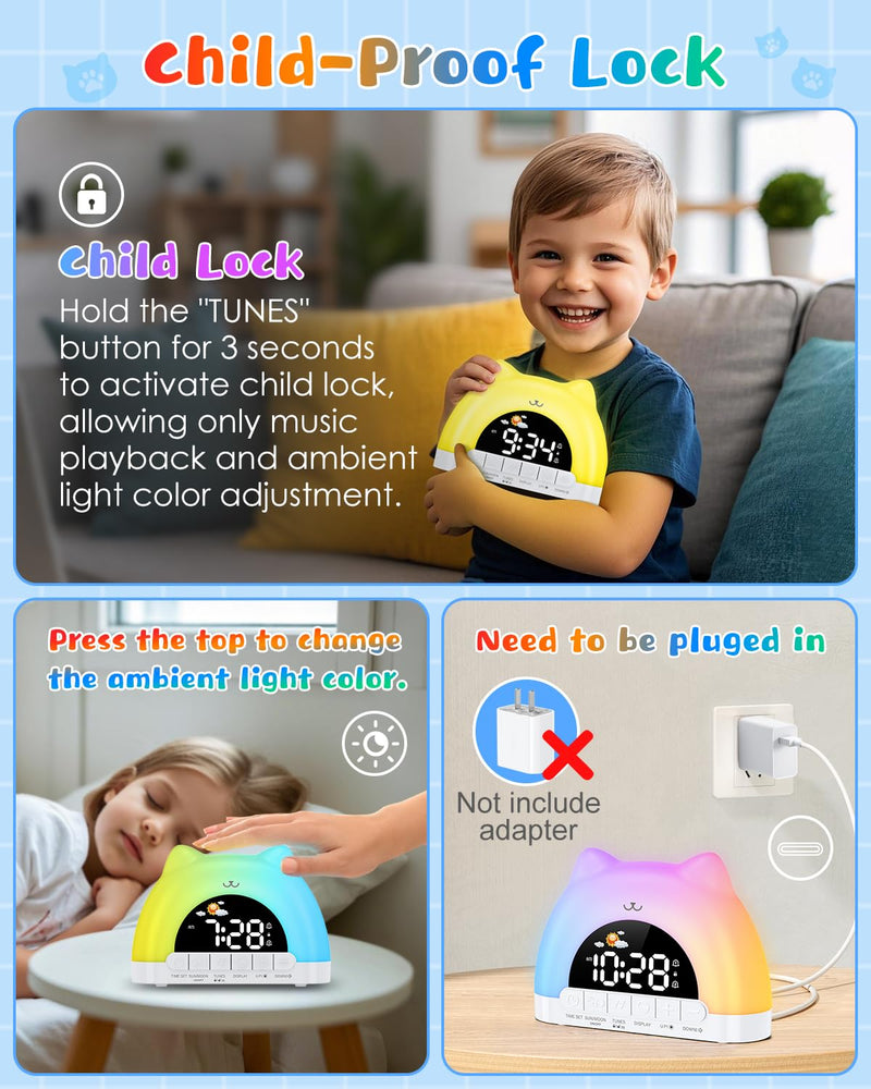 Kids Alarm Clock, OK to Wake Alarm Clock for Kids, Cat Clock with 11 Colors Night Light, 10 Soothing Sounds, Child Lock, Dual Alarms, Sleep Training, Birthday Gift for Boy Girls Children White