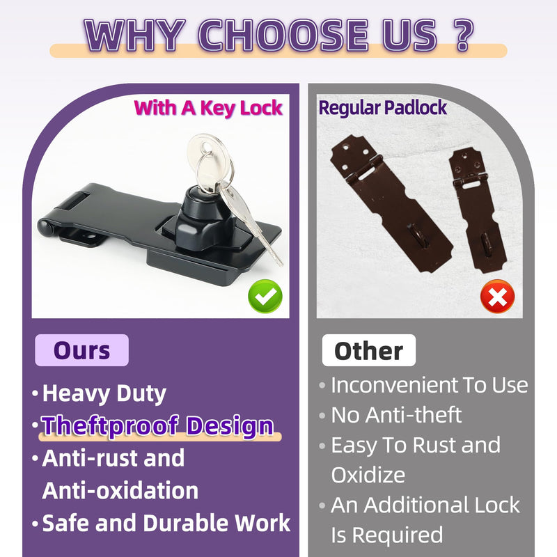 Alise Keyed Hasp Lock,4 Inch Safety Packlock Clasp Hasps Latch,Black Door Hinge Lock with Keys Keyed Locking Hasps for Cabinet,Closet,Drawer, Barn,Fence,Garage Doors 4 Inch Black