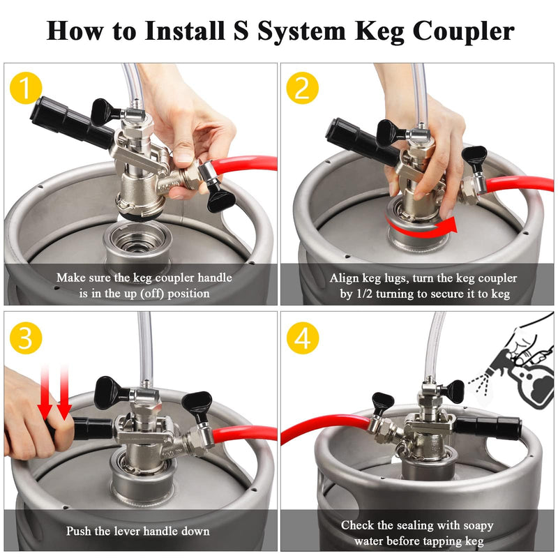 European Sankey S System Keg Coupler, 1/4'' Beer Barb Stainless Steel Probe Brass Body 5/16'' Gas Tailpiece Draft Kegerator Tap Dispenser with Safety Pressure Relief Valve Brewing Hose Clamp s type keg coupler