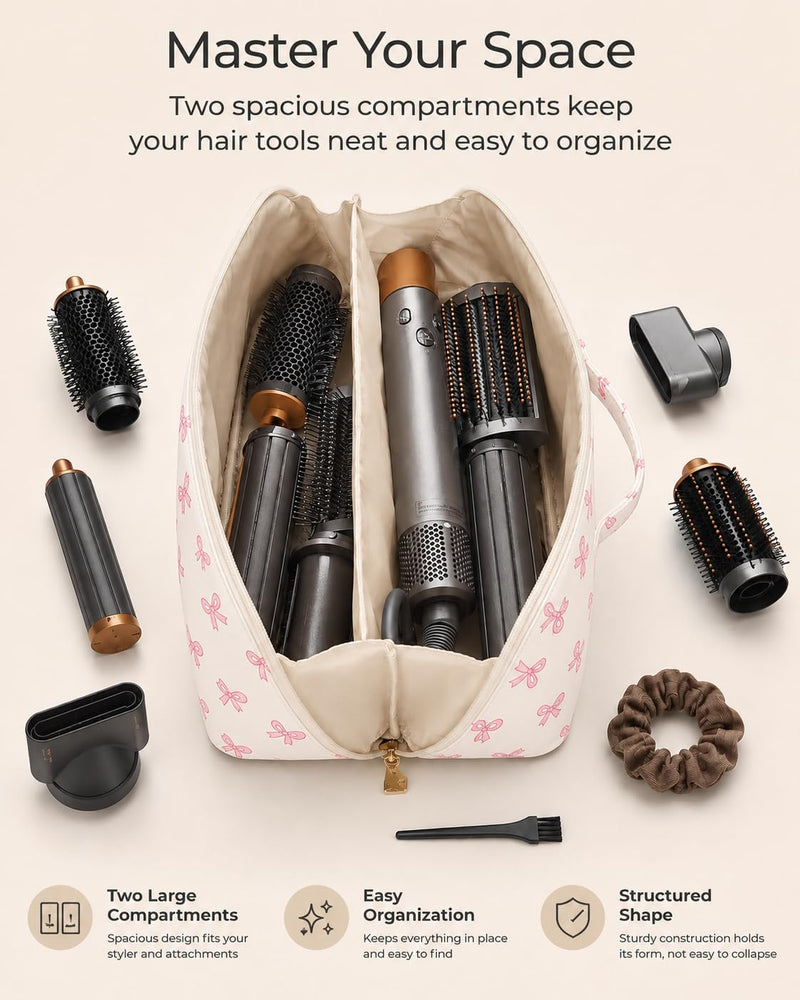 Hair Tool Travel Bag With Heat Resistant Mat, Large Capacity Hot Tool Bag & Hair Tool Organizer Bag for Curling Iron, Flat Iron, Hair Dryer, Hair Accessories Organizer, Travel Essentials for Women pink bow