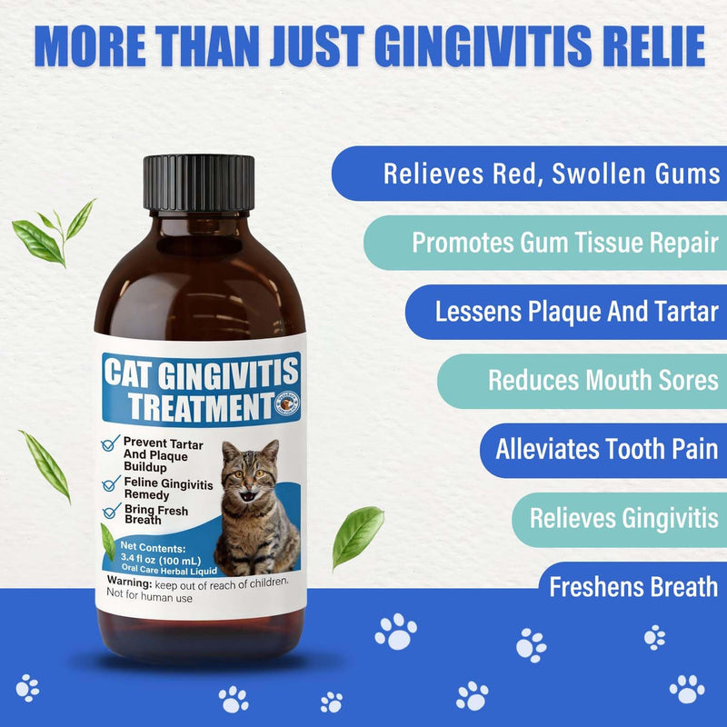 Cat Gingivitis Treatment Liquid 100ml - Cats Dental Care Clean Teeth & Gums, Eliminate Bad Breath, Natural Extracts Lessen Tartar & Plaque, Include 3 ml Dropper with Cap