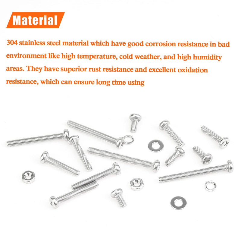 540 Pieces M3 x 6mm /8mm /12mm /16mm /20mm /25mm /30mm, Phillips Pan Head Machine Screws, Metric Screws Bolts Washers Nuts Kit, 304 Stainless Steel