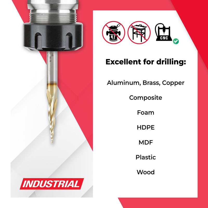 Amana Tool CNC 2D and 3D Carving Ball Nose Tapered Angle Router Bit (HSS), ZrN Coated, HSS1300, 6.2 Deg 1/32 D x 1/64 R x 1 x 1/4 Shk x 3 Inch L x 3 F