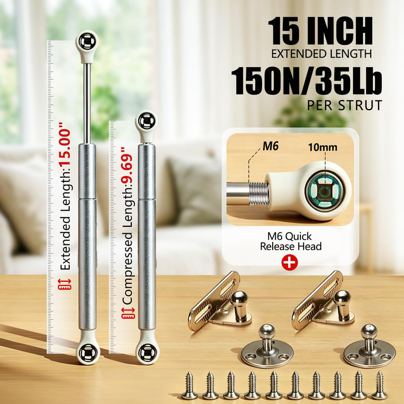 Vepagoo 2 Pack Soft Close Hinges for Toy Box, 15 inch 150N Gas Springs for Heavy Lids, Slow Close Safety Hinges for Tool Box Chest, Hydraulic Accessories for Wooden Storage 15inch