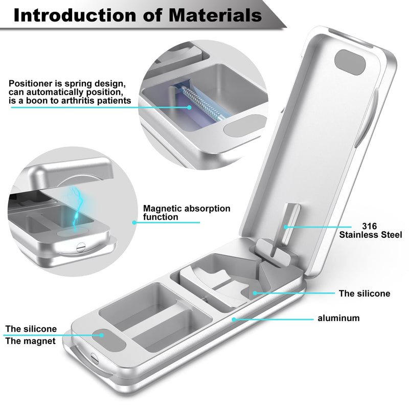Aluminum Pill Splitter Cutter with Auto Centering Device, 316L Stainless Blade, Genuine Leather Case, Professional Pill Splitter for Cutting Small or Large Pills (Silver) Silver