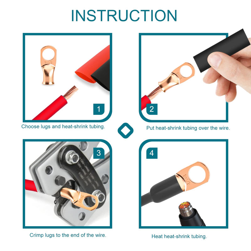 4 PCS Battery Terminal Connectors, Battery Cable Ends Lugs, 2/0 Gauge Wire Connectors, 2/0 AWG 1/2" Stud Ring Terminals, Copper Wire Lugs with Heat Shrink Tubing. 2/0AWG*1/2"(M12) 4PCS