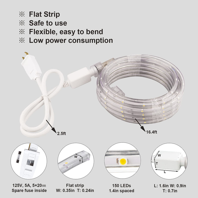 Daylight Rope Lights, 16.4ft Flexible Waterproof LED Strip Light, Nature White, Indoor Outdoor Decorative Lighting for Home Christmas Holiday Garden Patio Party Daylight
