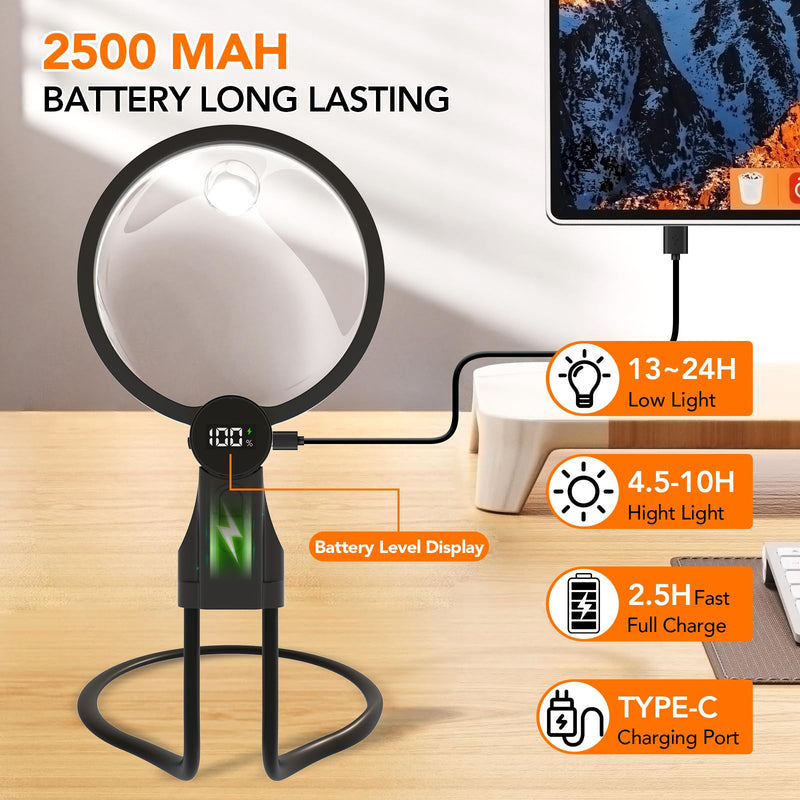 2500mAh Magnifying Glass with Light, Upgraded LCD Display Screen, 5X/10X Magnifier with Light Hands Free for Reading, Knitting, Cross Stitch & Crafts, Lighted Magnifier for Seniors & Low Vision 2500mah | Battery Display Neck-Worn Magnifier