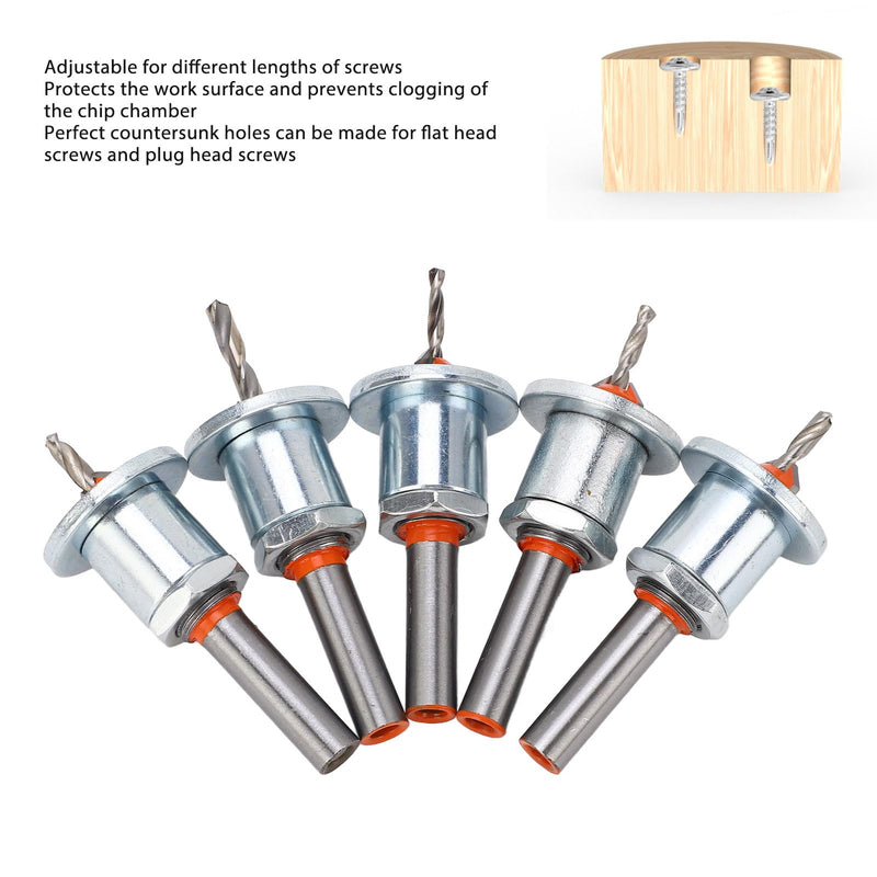 Countersink Drill Bit Set, Adjustable Depth Stop Alloy Steel Excellent Cutting Capability Prevents Clogging Multiple Uses 5 Piece Set