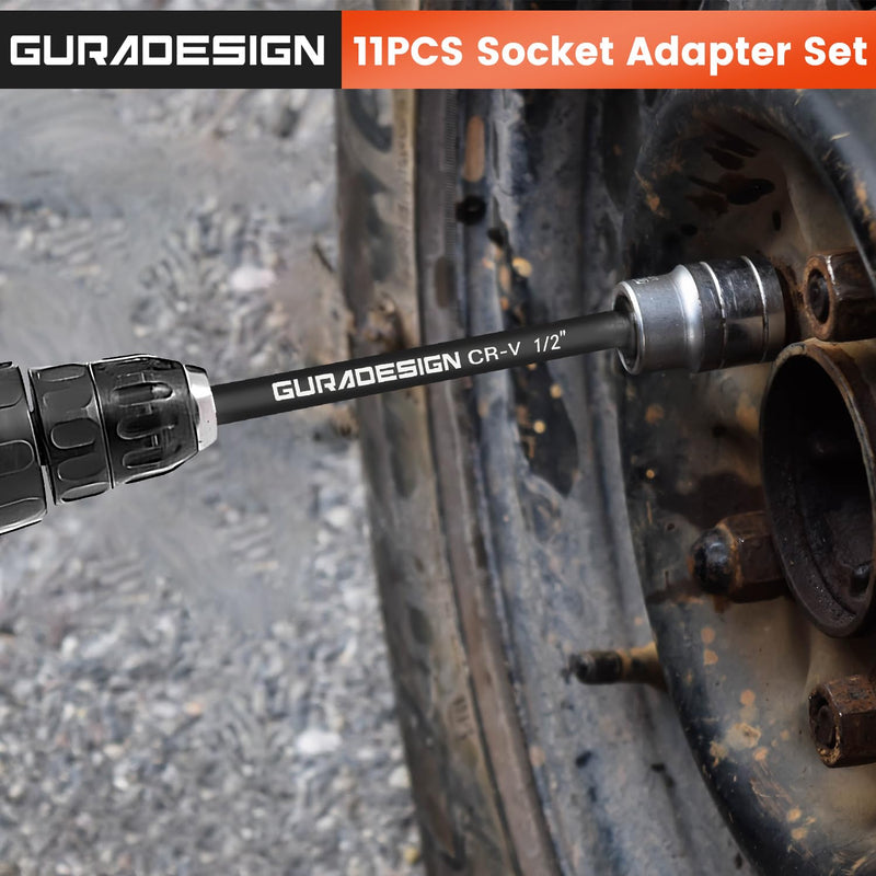 11-Piece Impact Socket Adapter Set for Drill, 3-Inch and 6-Inch Hex Shank Impact Driver Socket Adapter, Socket to Drill Adapter 1/4" 3/8" 1/2" Impact Driver Adapter