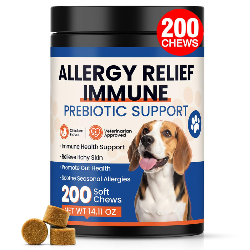 Dog Allergy Chews 200 Ct - Itch Relief for Dogs Immune Support with Colostrum Probiotics & Omega 3 - Seasonal Allergies Anti-Itch Skin & Coat Supplement, Itchy Skin & Paw Relief Bites - Chicken Flavor