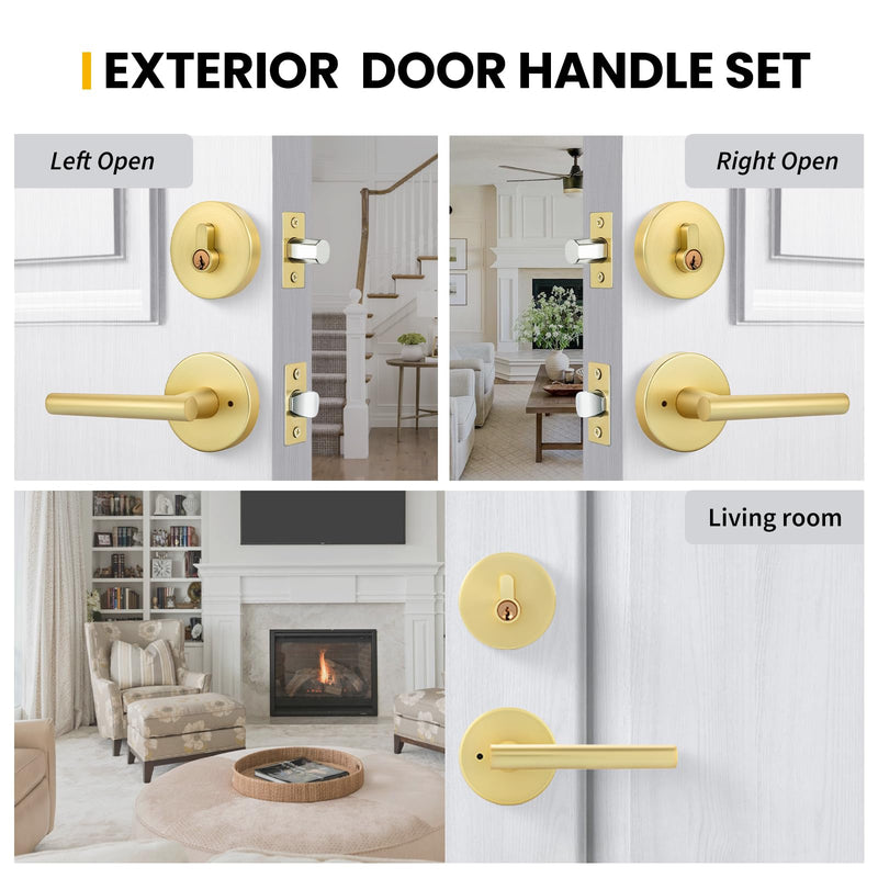 goldenwarm 1 Pack Exterior Gold Door Handle with Deadbolt, Single Cylinder Deadbolt and Entry Door Handle Set,Brushed Gold Front Door Lock Set Deadbolt Set
