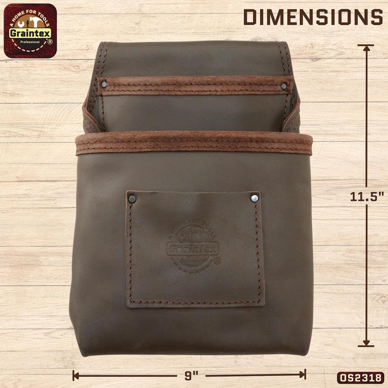 Graintex OS2318 2 Pocket Nail & Tool Pouch Top Grain Oil Tanned Leather for Framers, Constructors, Electricians, Plumbers, Handyman Brown