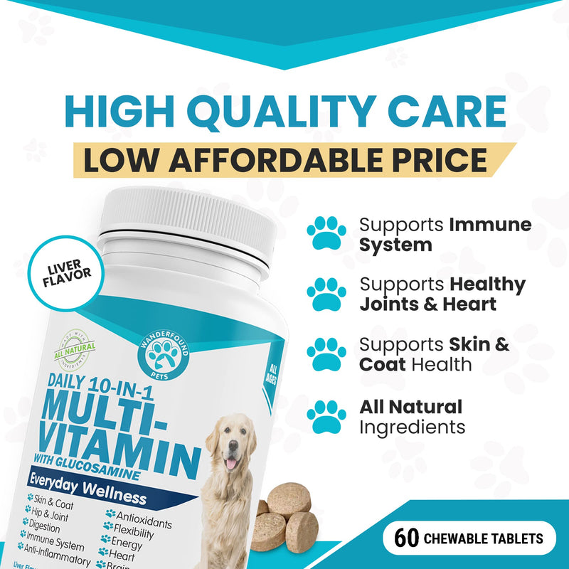 Wanderfound Pets 10-in-1 Dog Multivitamin, Chewable Dog Vitamins with Glucosamine, D3, and MSM, Dog Health Supplies for Immune System and Joint Health, Liver Flavor, 60 Tablets - PawsPlanet Australia