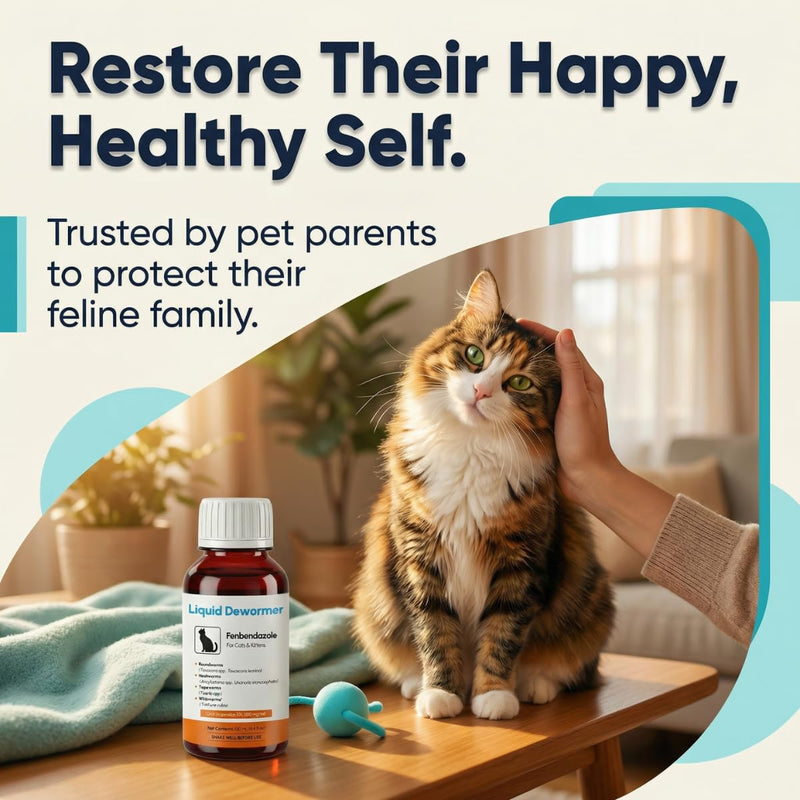 Dewormer for Cats & Kittens Liquid Fenbendazole - Broad Spectrum Suspension - Removes Roundworm, Hookworm, Tapeworm - Easy to Mix with Food, Includes 3ml Dosing Syringe (100ml)