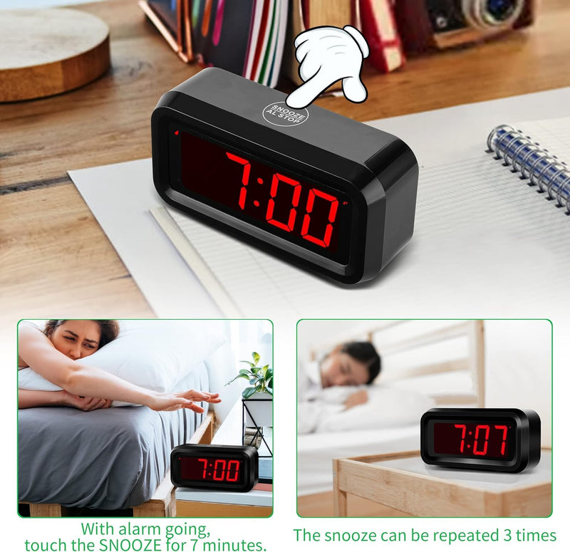Alarm Clock, LED Digital Clock, Small Wall Clock, Battery Operated, Adjustable 3-Level Led Brightness, Dim Night Mode, 12/24Hr, Cordless, Constantly 1.2'' Digits Display for Bedroom/Travel,Easy to Set Black Case-red Led