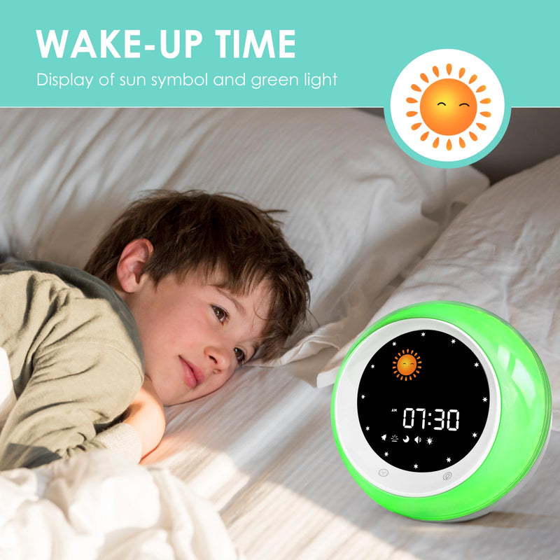 I.CODE Sun & Moon Rise Kids Alarm Clock, Children's Sleep Trainer ,Sleep Sound Machine, Wake Up Light & Night Light ,Teach Kids Day & Night