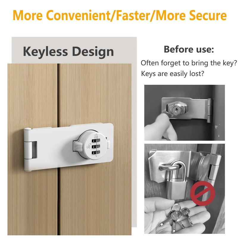Bifold Door Lock - 2 Pack White Sliding Closet Locks for Double Doors Cabinet Lock Anti-Pry 3-Digit Password Combination Twist Knob Hasp Latch Locks for Barn Door Cupboard Pantry 4.5 inch White 2 Pack