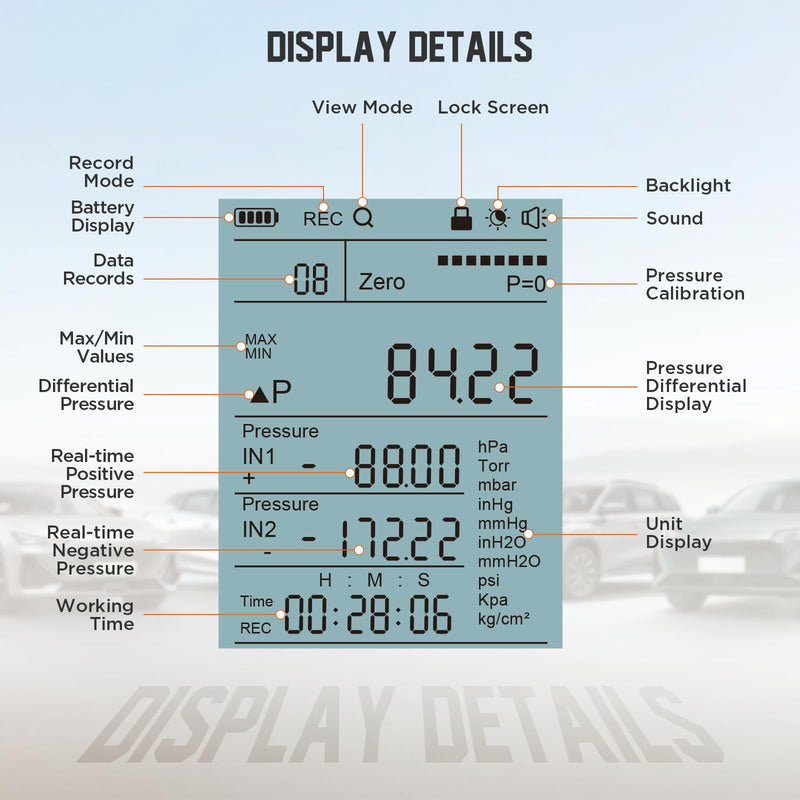 Dual-Port HVAC Manometer with 7 Adapters, 10 Units Switch, Data Locking & Storage, -100~200Kpa, Magnetic Back, Backlit Display Screen Manometer Gas Pressure Tester, PT520