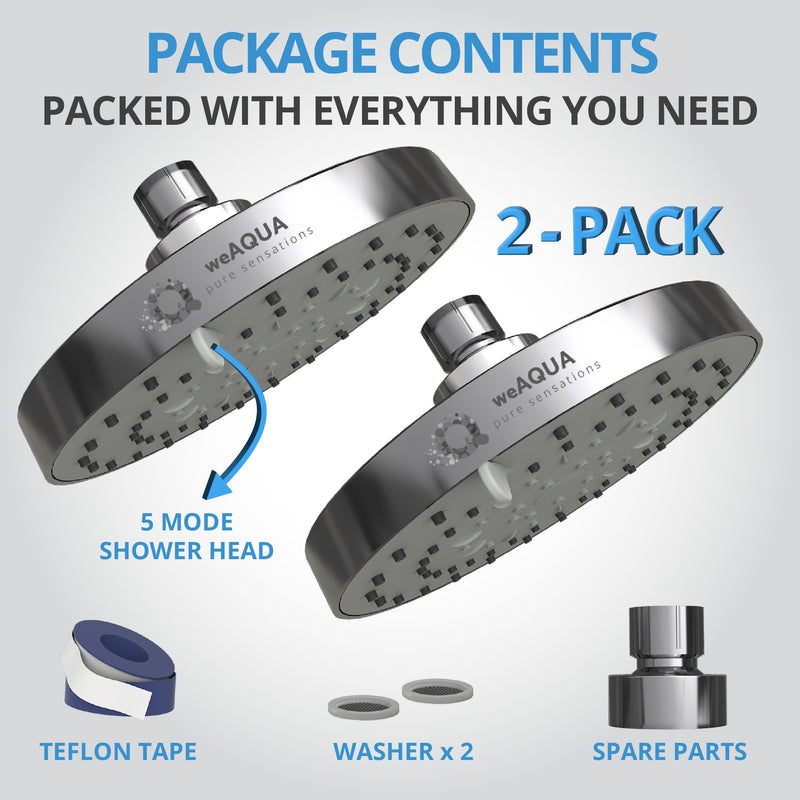 weAQUA Shower Head High Pressure 2 PACK – 4.5 Inch, 5 Spray Modes, 72 Anti-Clog Nozzles, Easy 1-Min Installation, Fixed Shower Heads for Powerful Bathroom Upgrade (STD-SHWR-HD02) 2 Pack - Chrome